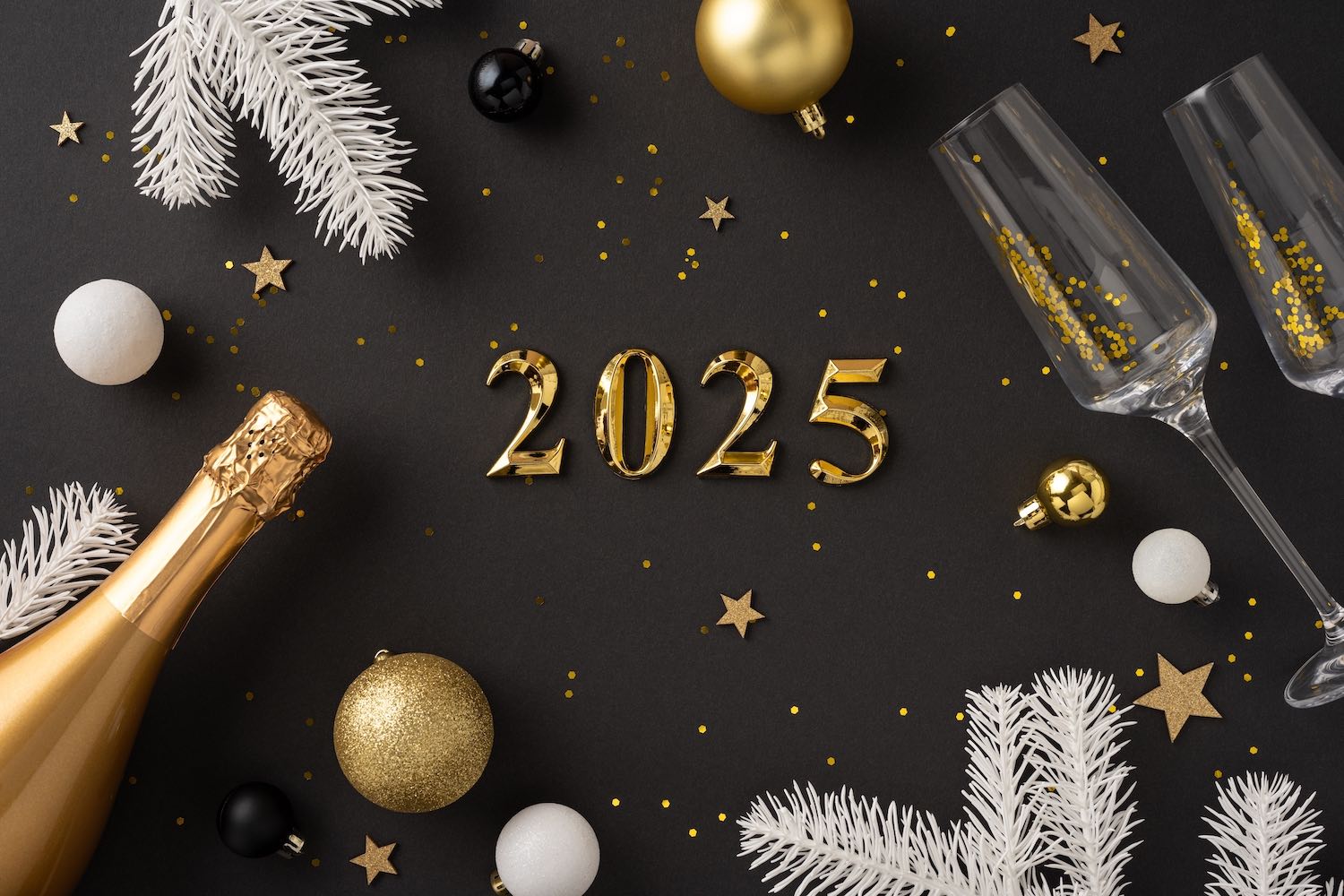 A,Celebratory,Composition,Featuring,A,Gold,2025,,Champagne,Bottle,,Festive